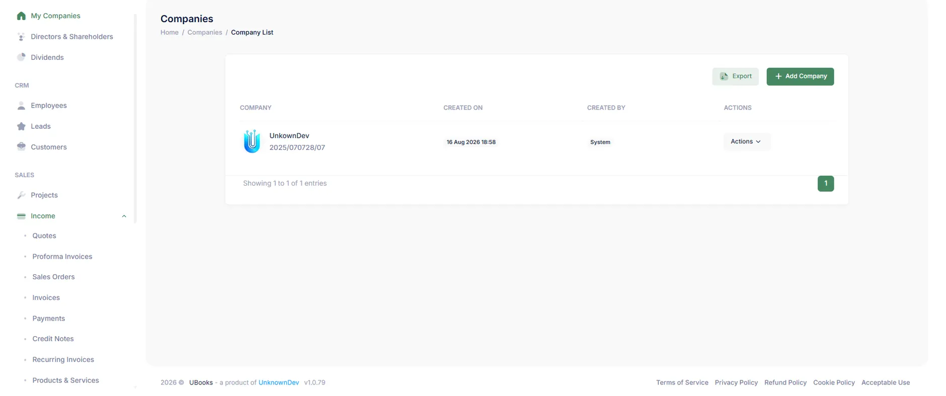 The UBooks company list showing an entity with its company registration number, beside a sidebar with My Companies, Directors and Shareholders, Dividends, and CRM sections for employees, leads and customers