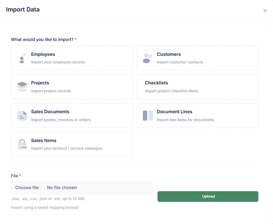 The UBooks import dialog offering imports of employees, customers, projects, checklists, sales documents, document lines and sales items, accepting xlsx, xls, csv, json and xml files up to 20 MB